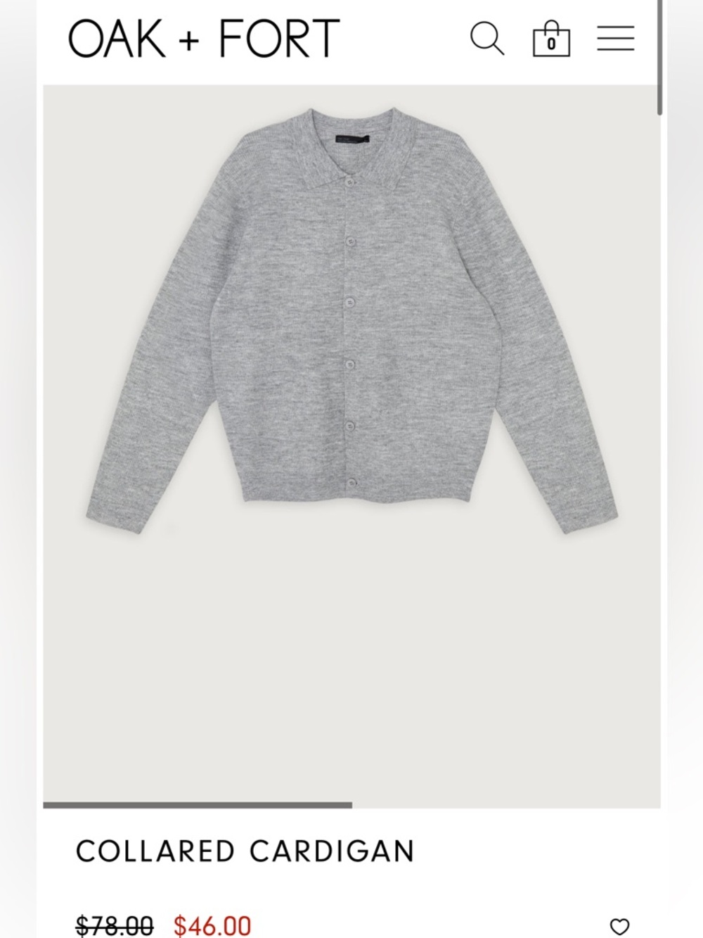 OAK + FORT | Men’s Grey Collared Cardigan | Size XS